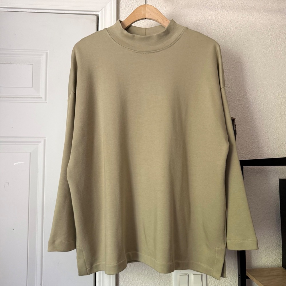 AYR tan khaki olive cotton modal mock neck long sleeve boxy pullover sweater top